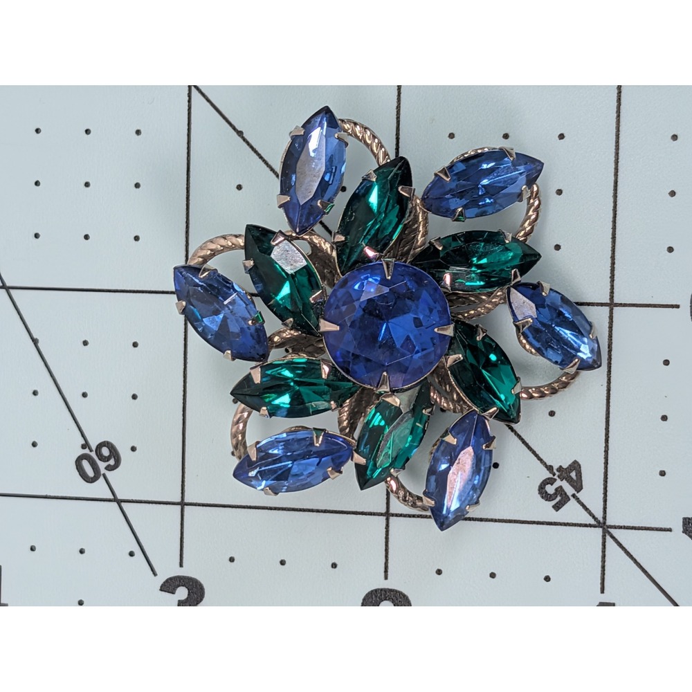 Vintage Blue Green Rhinestone Flower Brooch Silver Tone Marquise Crystal Pin‎ 2"